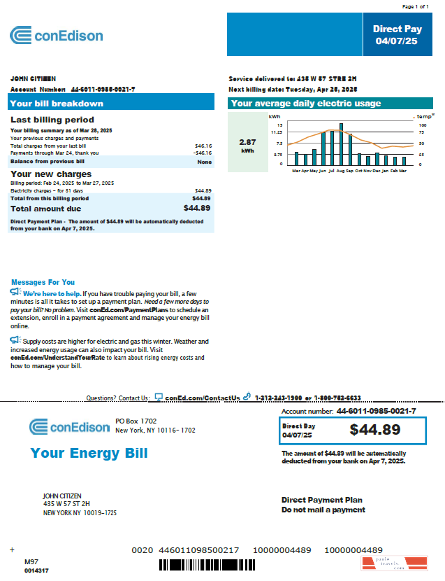 USA Conedison utility bill template in Word and PDF formats, version 4